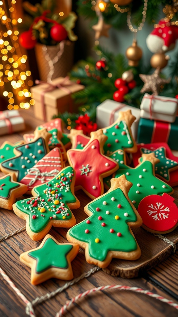 A variety of colorful Christmas doodle cookies shaped like trees, stars, and ornaments on a wooden table, decorated with icing and sprinkles.